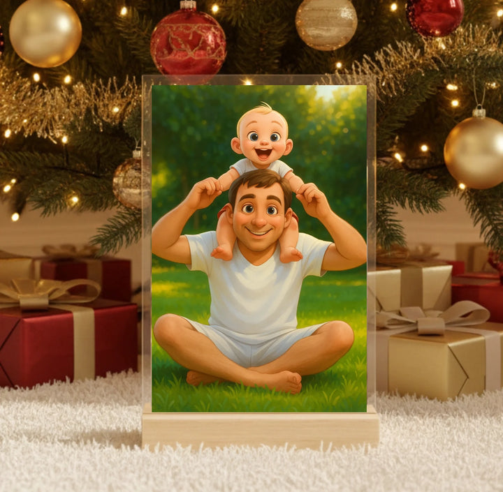 Hyperrealistic photo of an acrylic glass display with a wooden base, sized 20 × 30 cm, featuring the same cartoon-style illustration of the blonde woman and her Labrador as in the referenced image