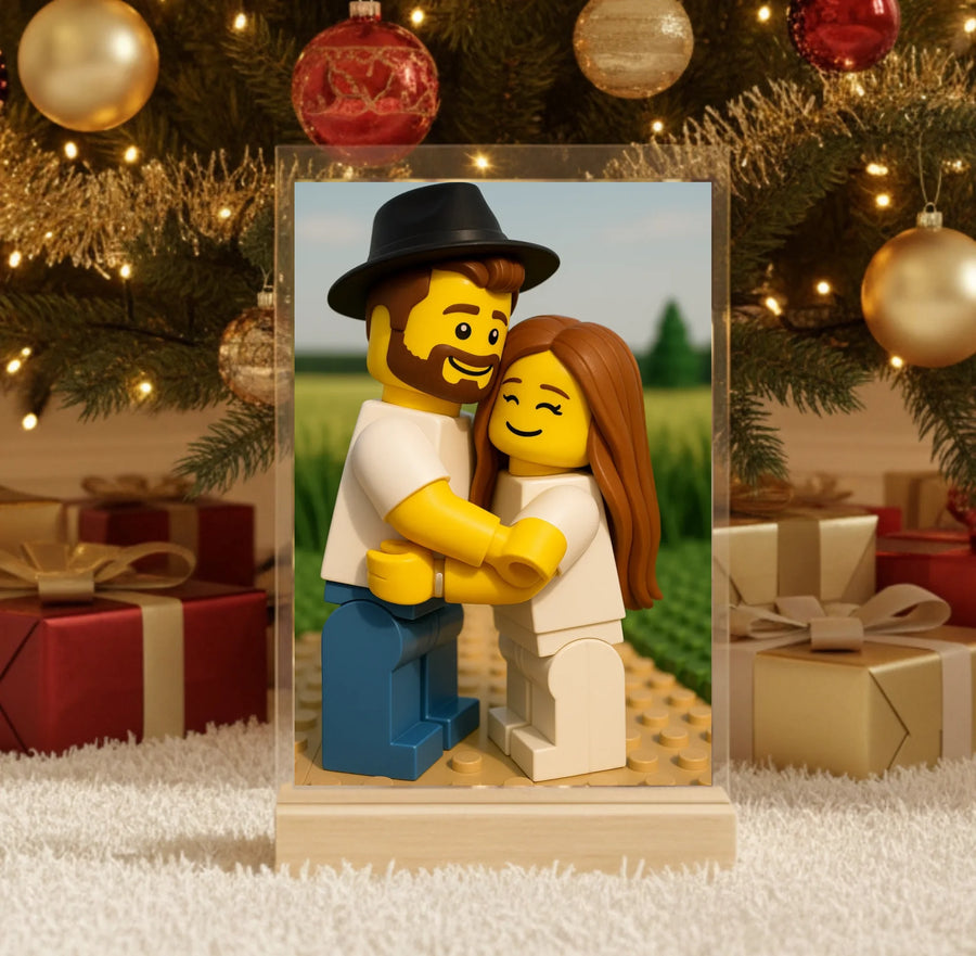 Hyperrealistic photo of an acrylic glass display with a wooden base, sized 20 × 30 cm, featuring the same cartoon-style illustration of the blonde woman and her Labrador as in the referenced image