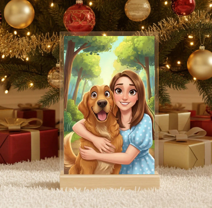 Hyperrealistic photo of an acrylic glass display with a wooden base, sized 20 × 30 cm, featuring the same cartoon-style illustration of the blonde woman and her Labrador as in the referenced image
