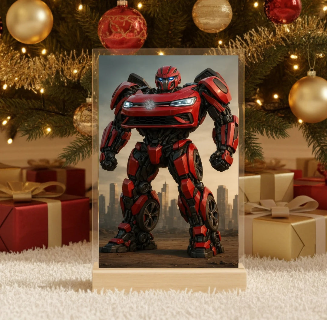 Hyperrealistic photo of an acrylic glass display with a wooden base, sized 20 × 30 cm, featuring the same cartoon-style illustration of the blonde woman and her Labrador as in the referenced image