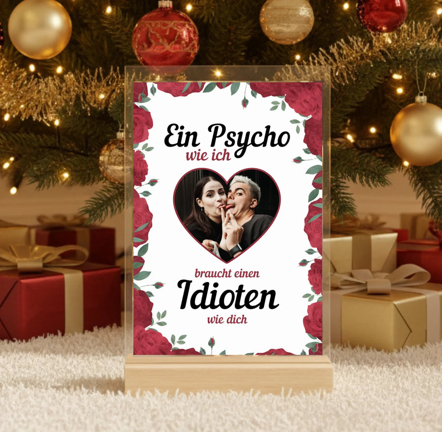 Hyperrealistic photo of an acrylic glass display with a wooden base, sized 20 × 30 cm, featuring the same cartoon-style illustration of the blonde woman and her Labrador as in the referenced image