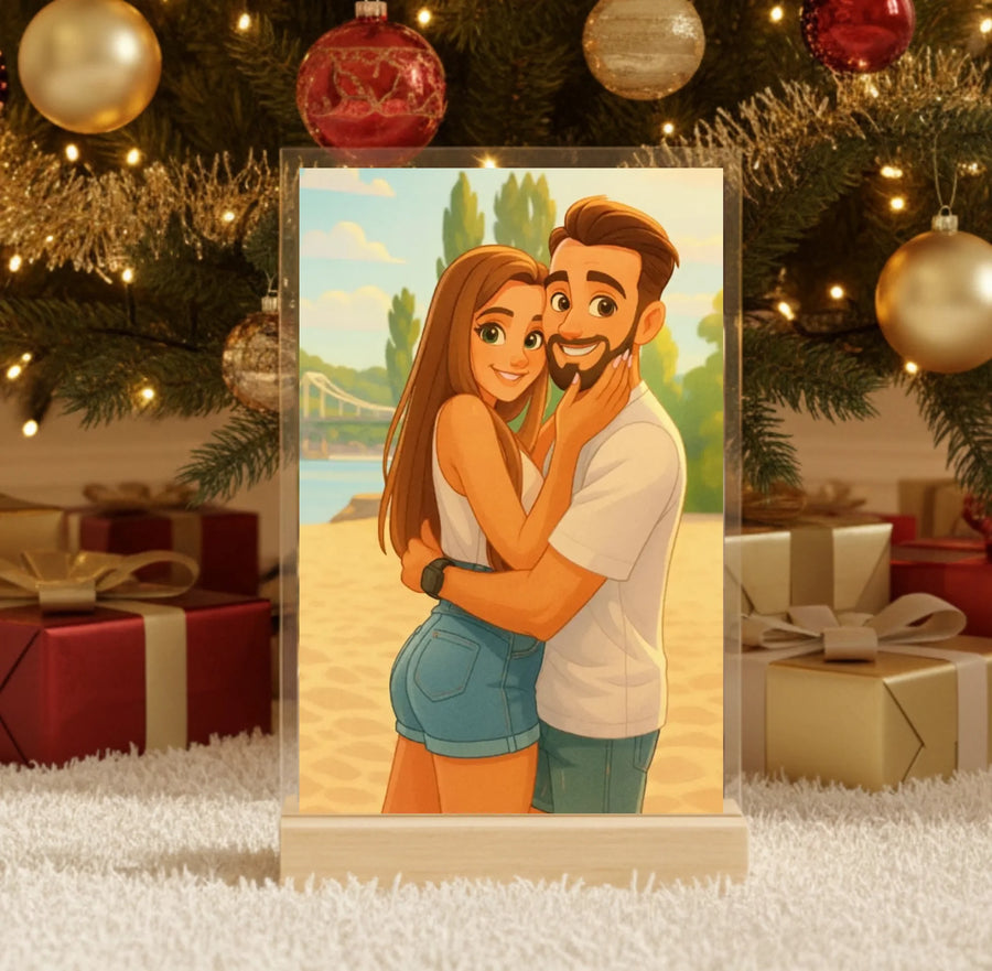 Hyperrealistic photo of an acrylic glass display with a wooden base, sized 20 × 30 cm, featuring the same cartoon-style illustration of the blonde woman and her Labrador as in the referenced image