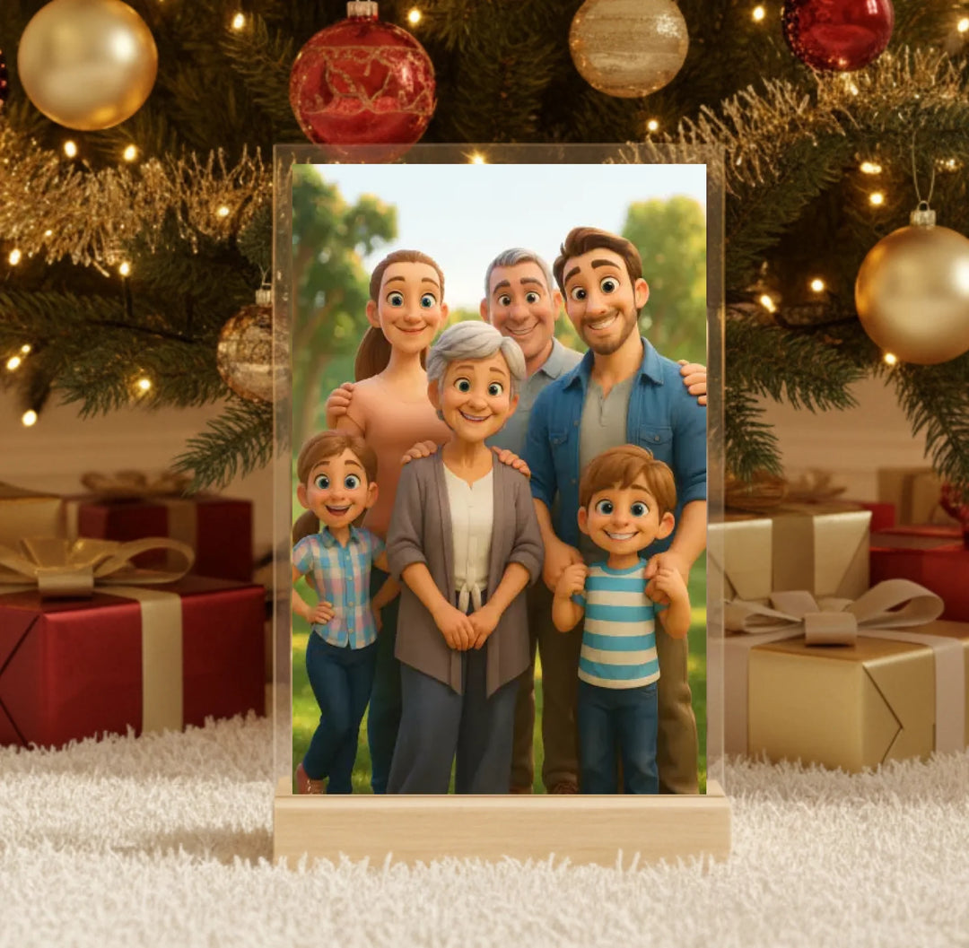 Hyperrealistic photo of an acrylic glass display with a wooden base, sized 20 × 30 cm, featuring the same cartoon-style illustration of the blonde woman and her Labrador as in the referenced image