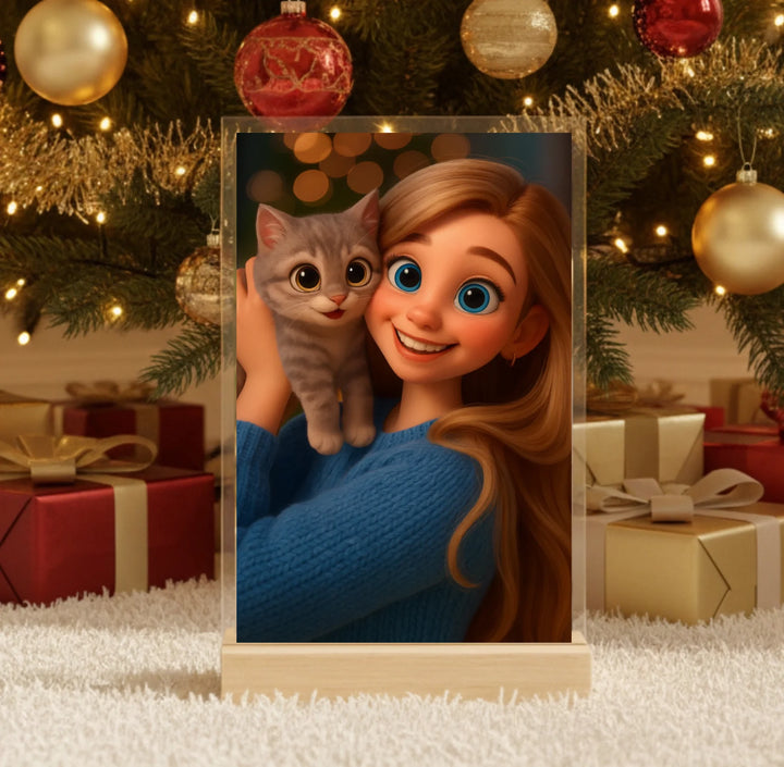 Hyperrealistic photo of an acrylic glass display with a wooden base, sized 20 × 30 cm, featuring the same cartoon-style illustration of the blonde woman and her Labrador as in the referenced image