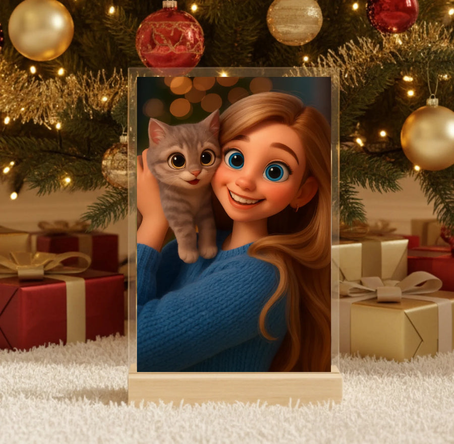 Hyperrealistic photo of an acrylic glass display with a wooden base, sized 20 × 30 cm, featuring the same cartoon-style illustration of the blonde woman and her Labrador as in the referenced image