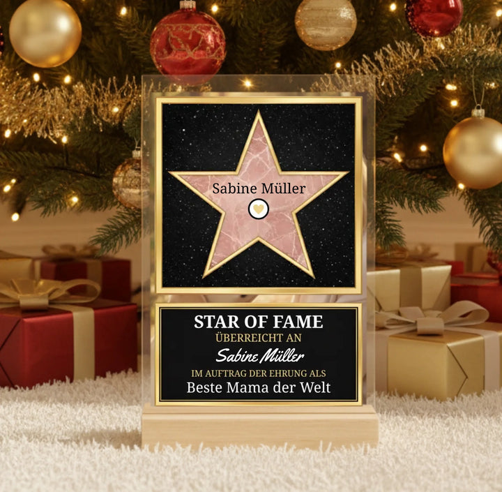 Hyperrealistic photo of an acrylic glass display with a wooden base, sized 20 × 30 cm, featuring the same cartoon-style illustration of the blonde woman and her Labrador as in the referenced image