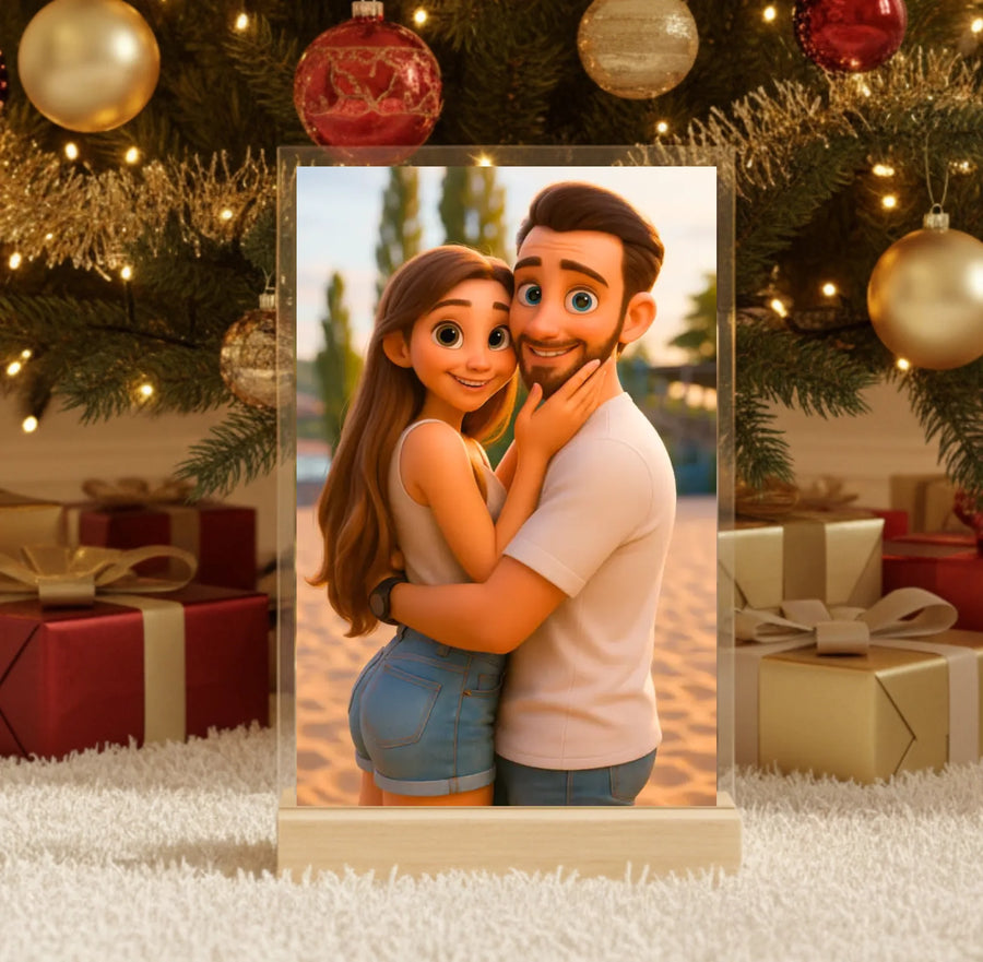 Hyperrealistic photo of an acrylic glass display with a wooden base, sized 20 × 30 cm, featuring the same cartoon-style illustration of the blonde woman and her Labrador as in the referenced image