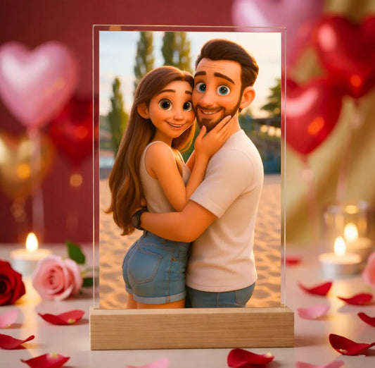 Hyperrealistic photo of an acrylic glass display with a wooden base, sized 20 × 30 cm, featuring the same cartoon-style illustration of the blonde woman and her Labrador as in the referenced image