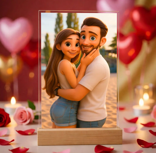 Hyperrealistic photo of an acrylic glass display with a wooden base, sized 20 × 30 cm, featuring the same cartoon-style illustration of the blonde woman and her Labrador as in the referenced image