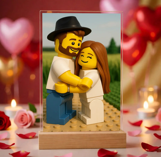 Hyperrealistic photo of an acrylic glass display with a wooden base, sized 20 × 30 cm, featuring the same cartoon-style illustration of the blonde woman and her Labrador as in the referenced image